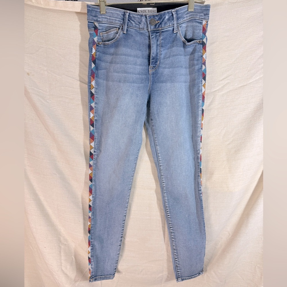 Blue Jeans with Multocolored Strips down the Side EUC